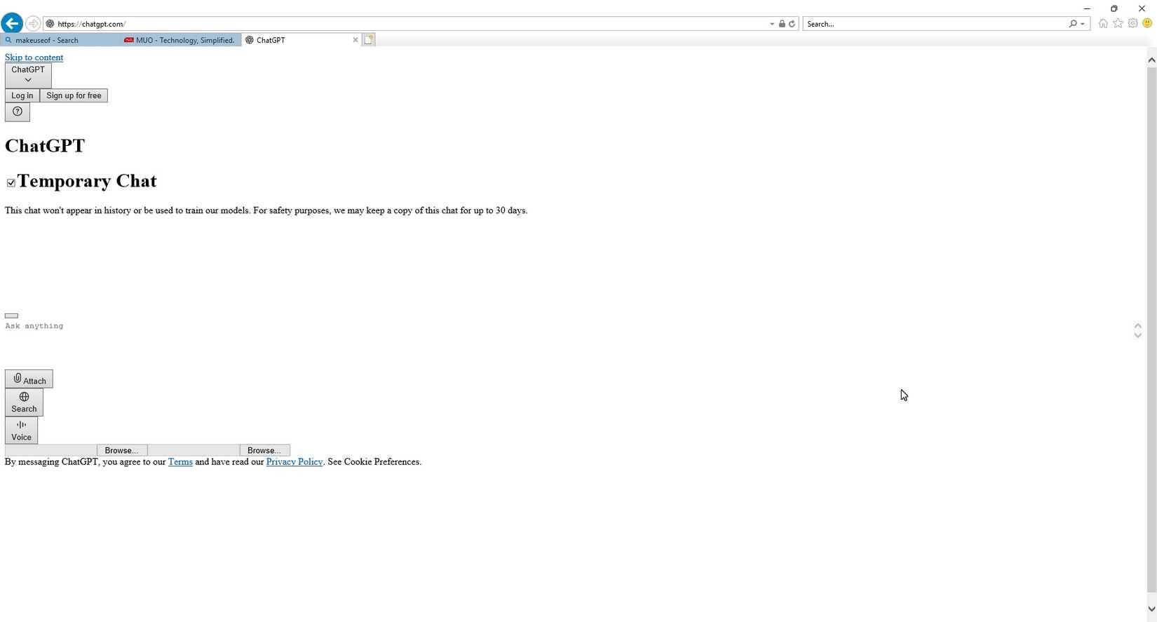 Trang chủ ChatGPT trong Internet Explorer Windows 11.