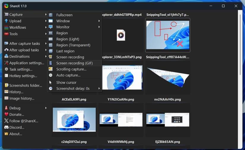 Ứng dụng ShareX hiển thị các tùy chọn chụp trên Windows