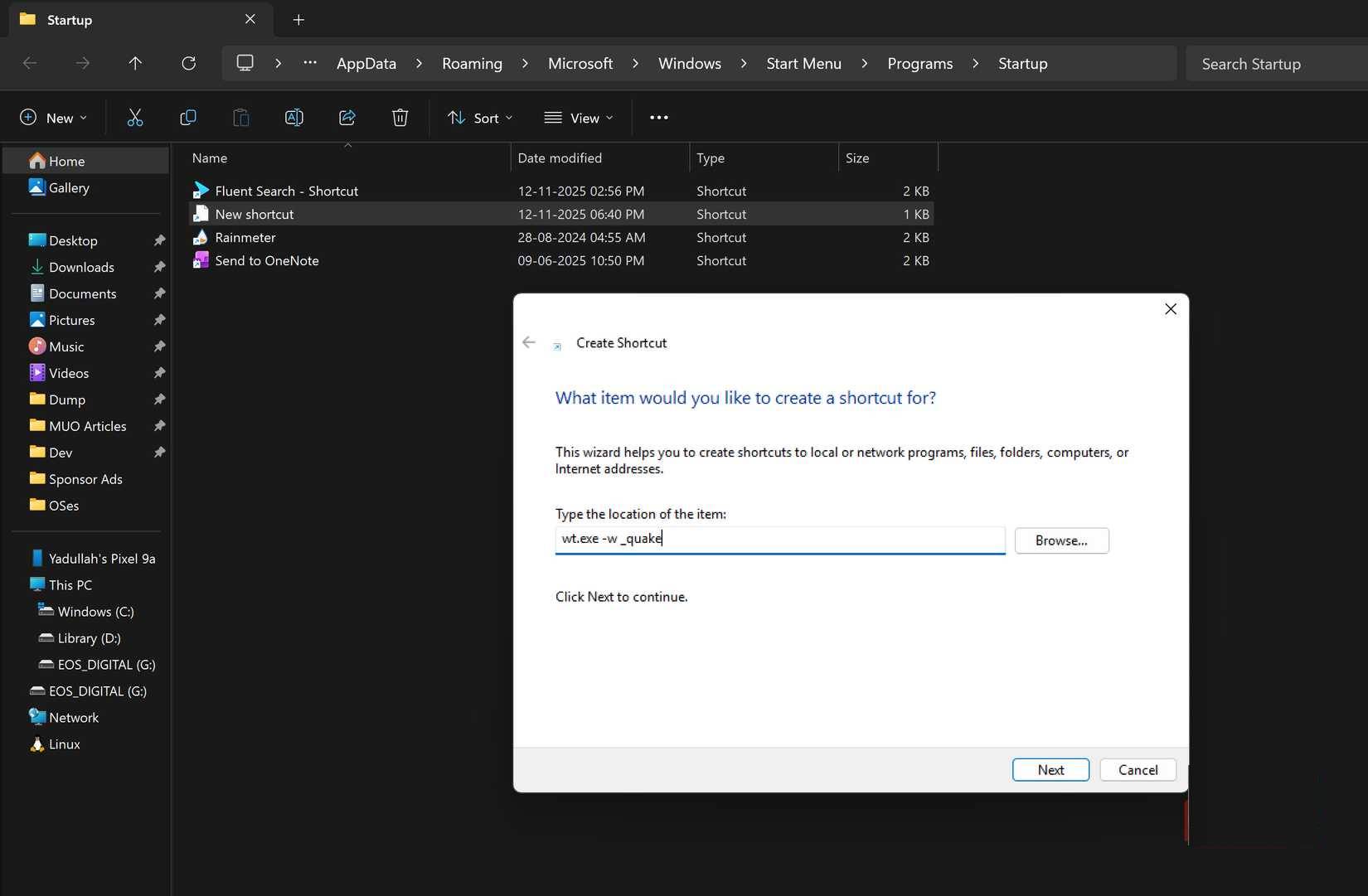 Shortcut khởi động Quake