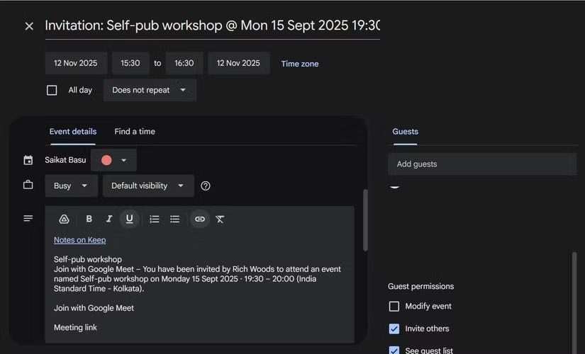 Liên kết Google Keep trong sự kiện Google Calendar.