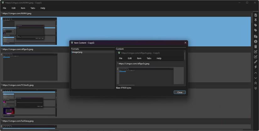 Hiển thị chi tiết nội dung được lưu trữ của CopyQ
