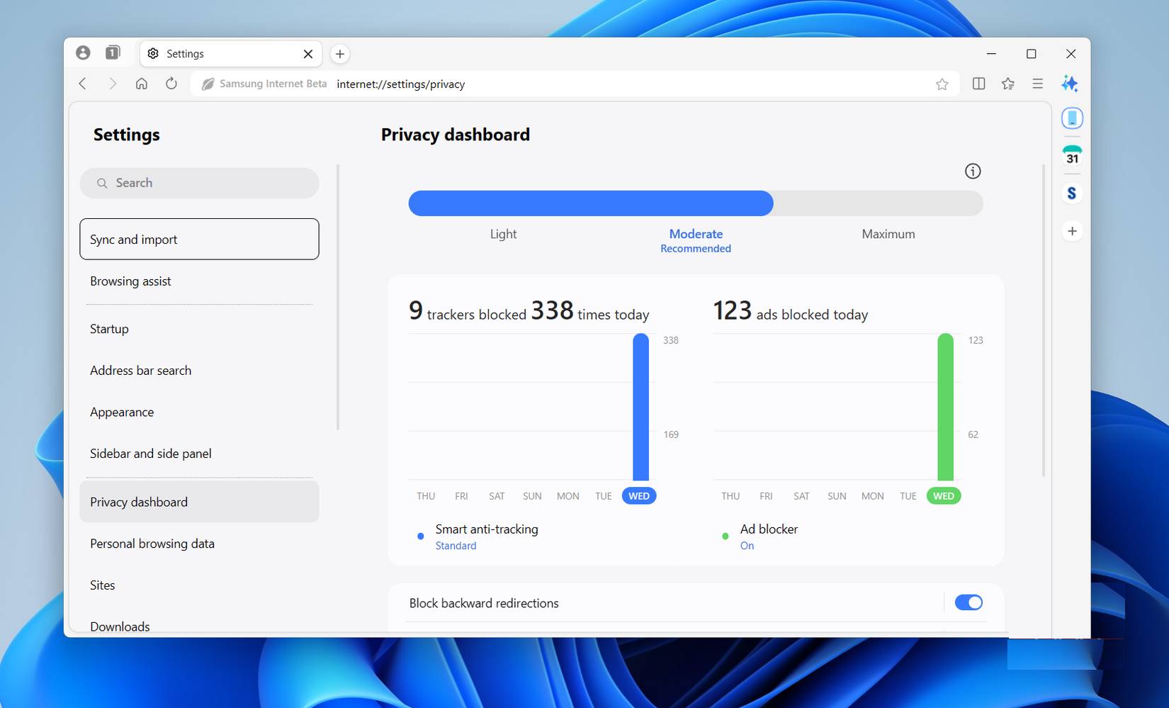 Menu bảng điều khiển quyền riêng tư của Samsung Internet