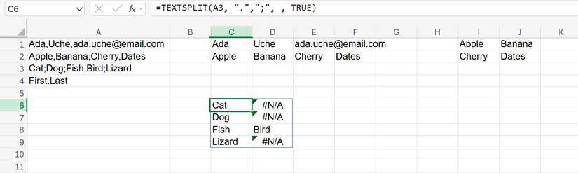 Hàm TEXTSPLIT trong Excel với các từ được tách thành những hàng riêng biệt bằng các dấu phân cách khác nhau