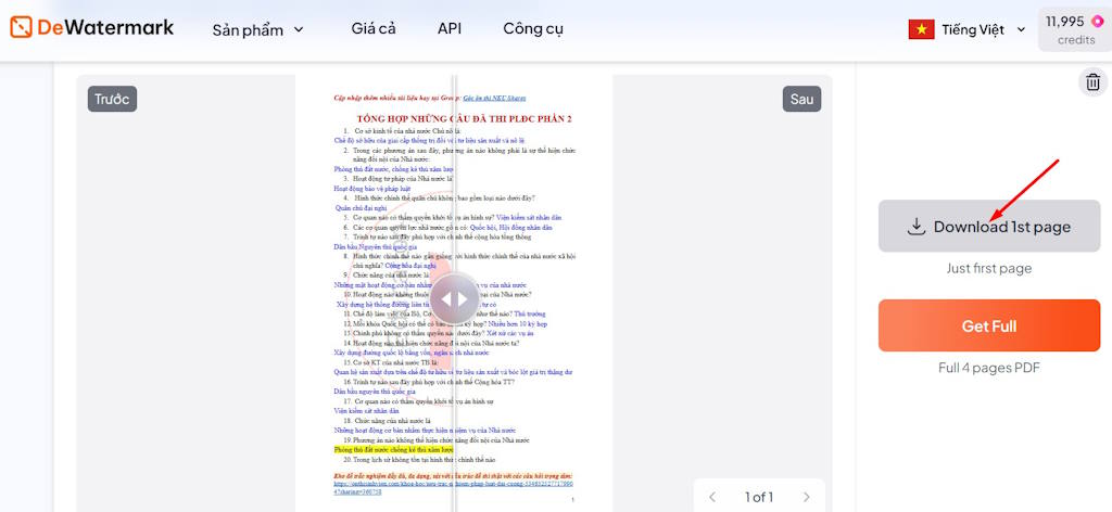 Bấm vào nút Get 1st page để xem kết quả AI xóa watermark