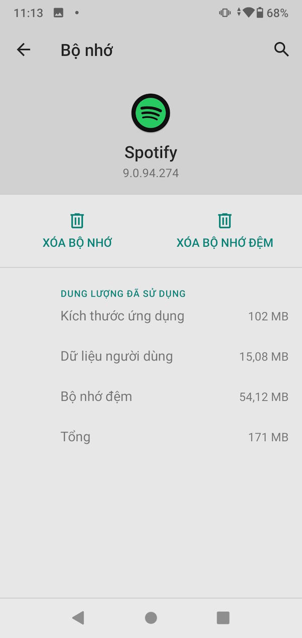Dung lượng lưu trữ Spotify Android