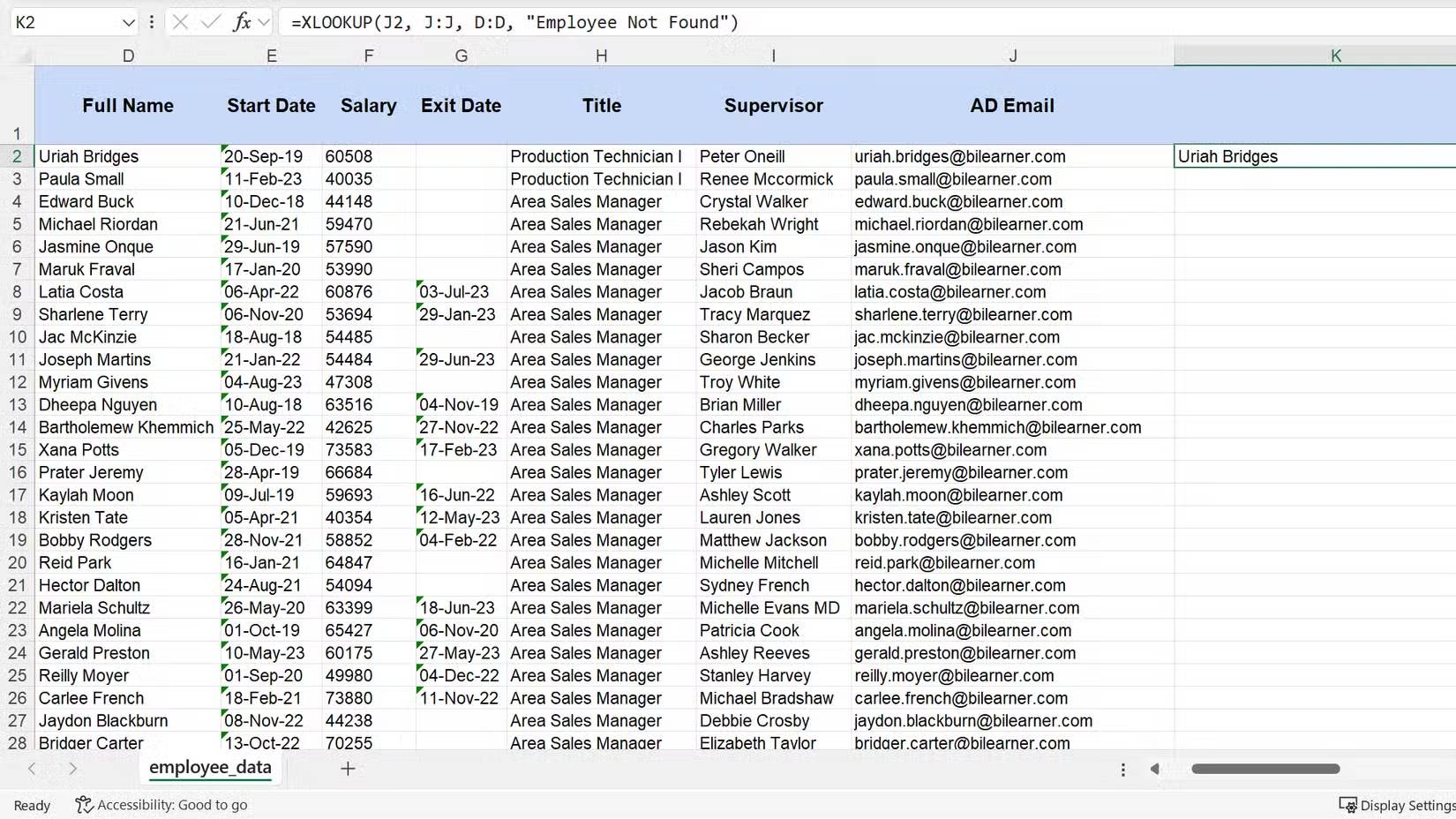 Hàm XLOOKUP trong Microsoft Excel hiển thị tên nhân viên so với email của họ