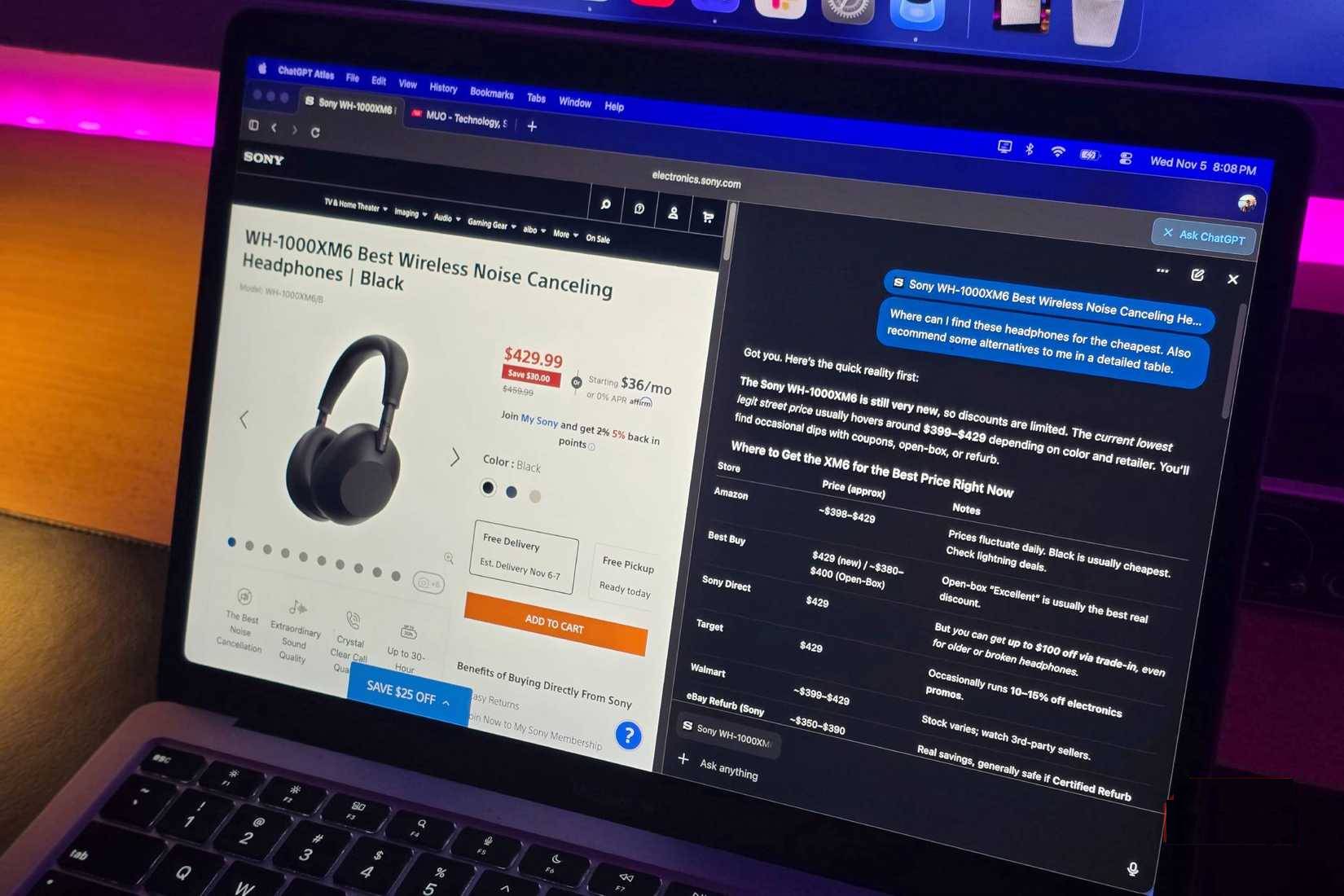 MacBook Air với ChatGPT Atlas đang cố gắng tìm giá rẻ nhất của một cặp tai nghe Sony