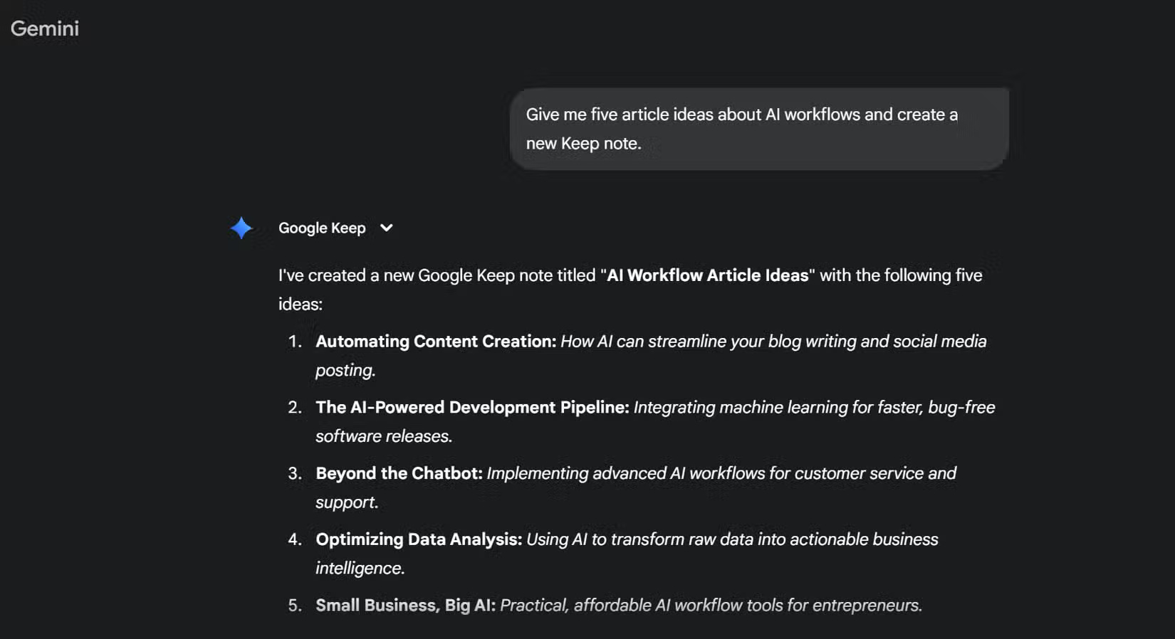 Tạo nội dung bằng Gemini và lưu vào ghi chú Keep