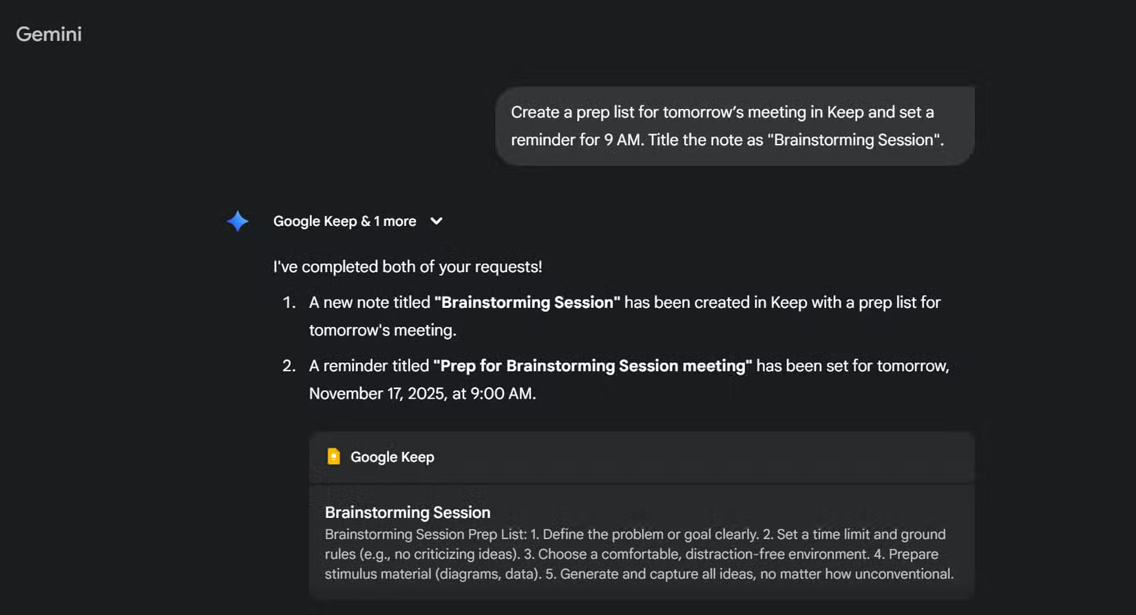 Tích hợp Google Keep với Tasks thông qua prompt Gemini