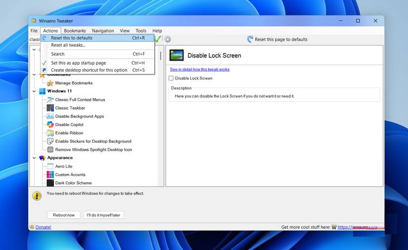 Tùy chọn Reset trong Winaero Tweaker