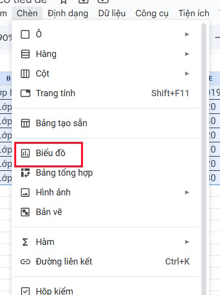 Chọn chèn biểu đồ Google Sheets