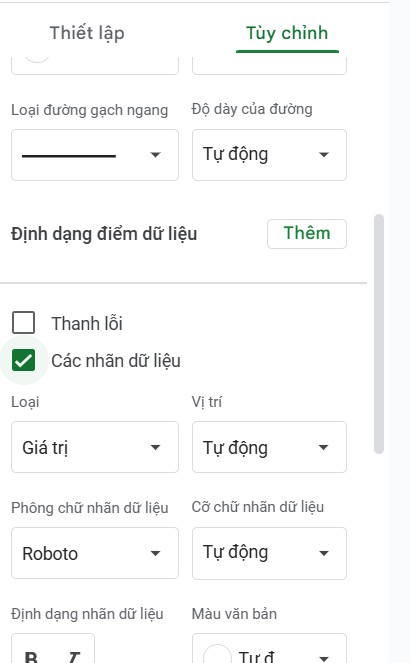Hiện số liệu biểu đồ thanh xếp chồng Google Sheets