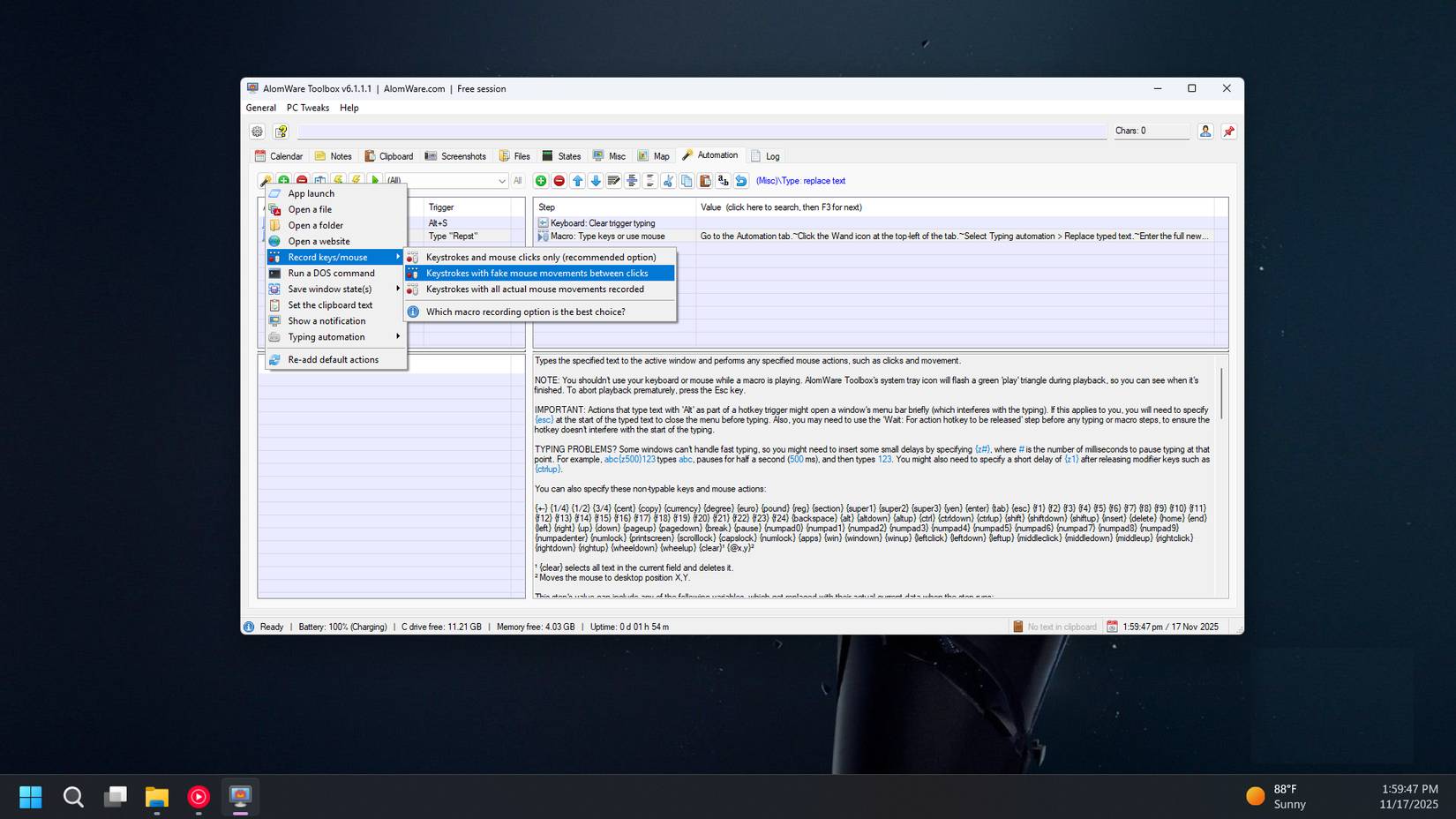 Tùy chọn tự động hóa của Alomware Toolbox