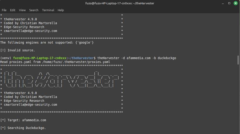 Chạy quét domain cá nhân bằng theHarvester