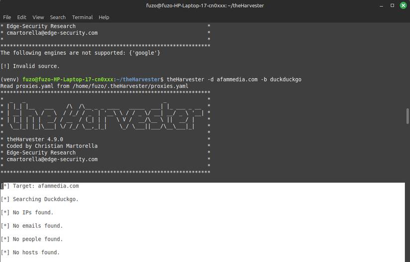 Kết quả quét theHarvester sau khi dọn dẹp dấu vết trực tuyến