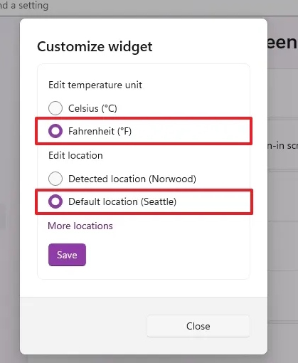 Thay đổi đơn vị hiển thị tiện ích thời tiết