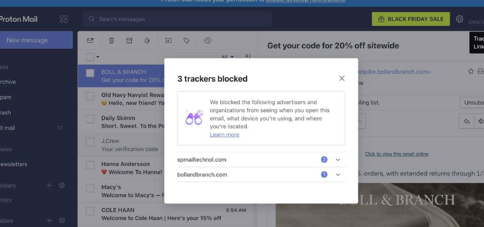 Xem xét các trình theo dõi bị Proton Mail chặn