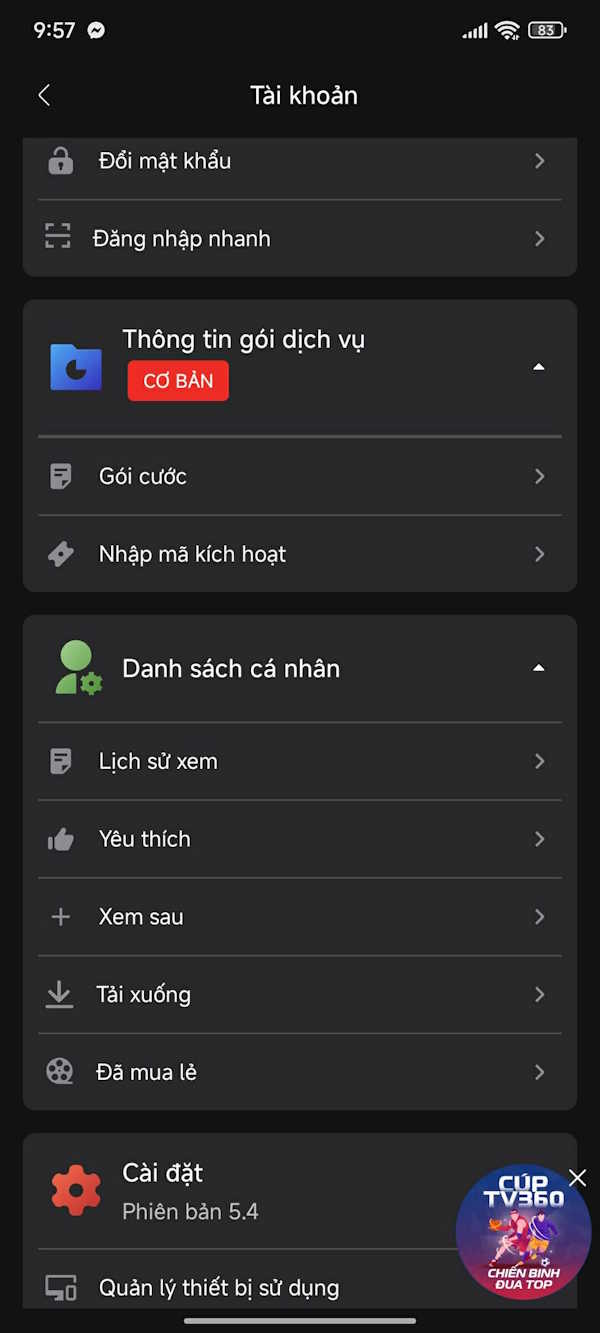 Giao diện quản lý tài khoản TV360