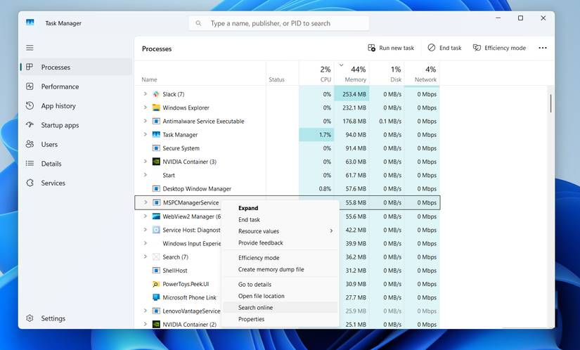 Tìm kiếm tùy chọn trực tuyến trong Task Manager