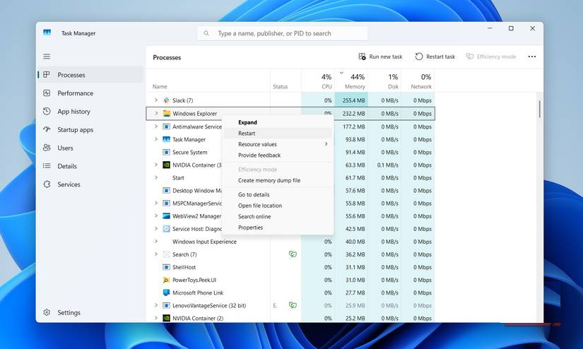 Tùy chọn khởi động lại Windows Explorer