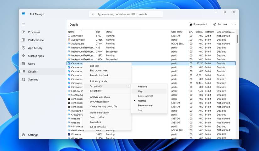 Tùy chọn đặt mức độ ưu tiên trong Task Manager