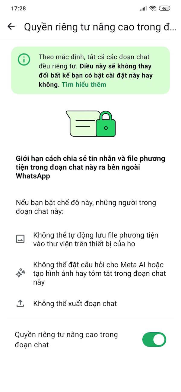 Bật quyền riêng tư nâng cao đoạn chat WhatsApp
