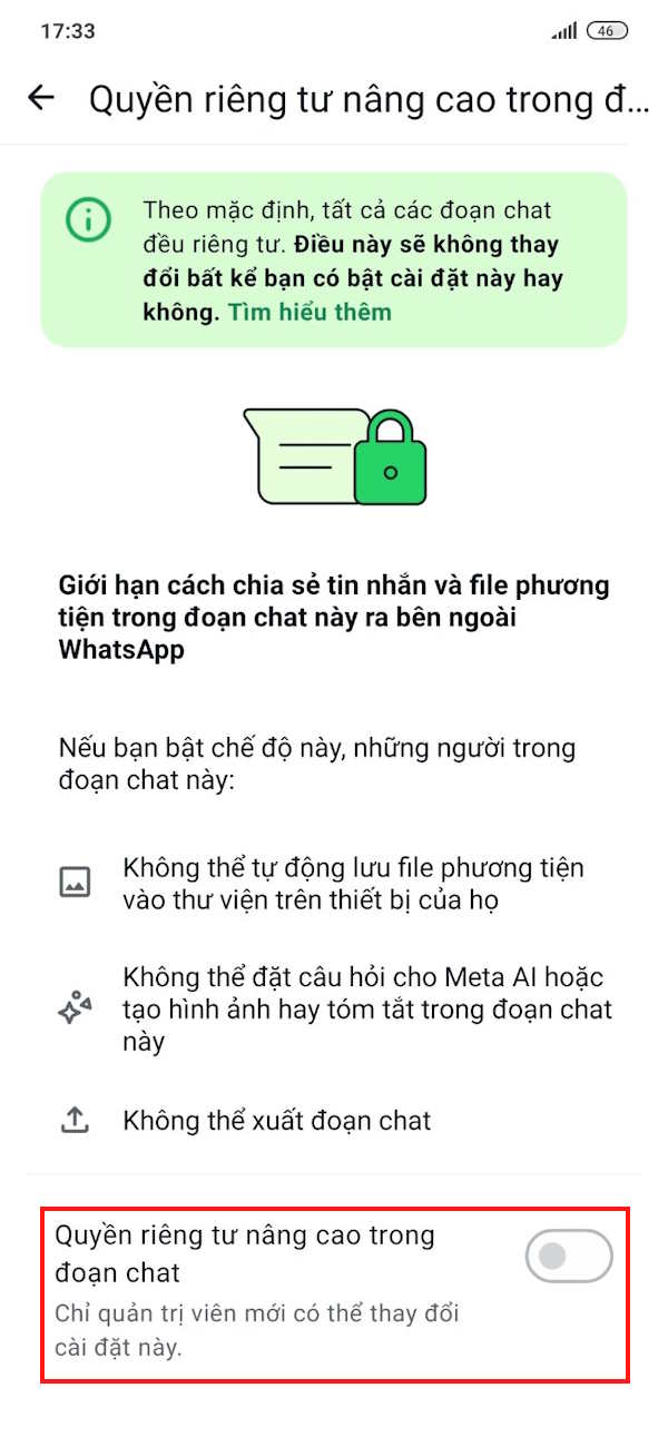 Bật quyền riêng tư đoạn chat WhatsApp