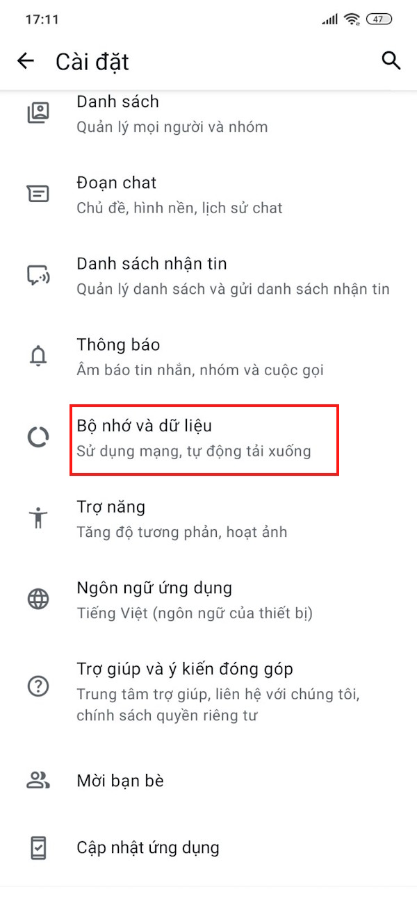 Bộ nhớ dữ liệu WhatsApp