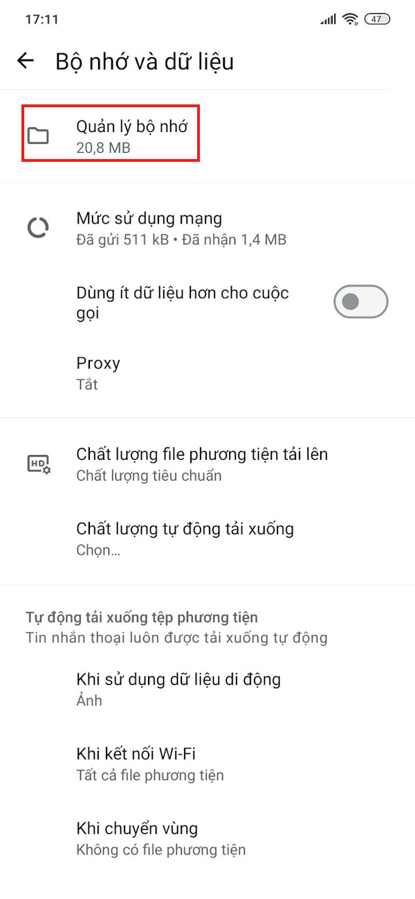 Quản lý bộ nhớ WhatsApp