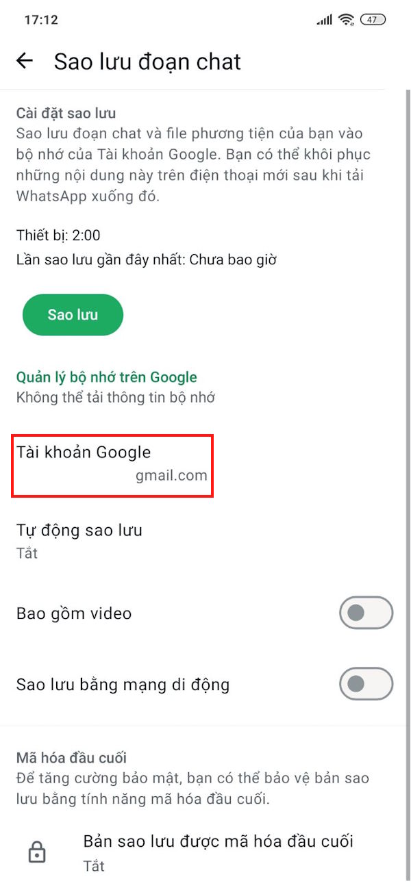 Tài khoản sao lưu