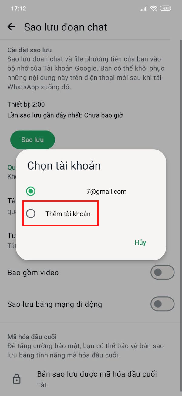 Đổi tài khoản sao lưu 