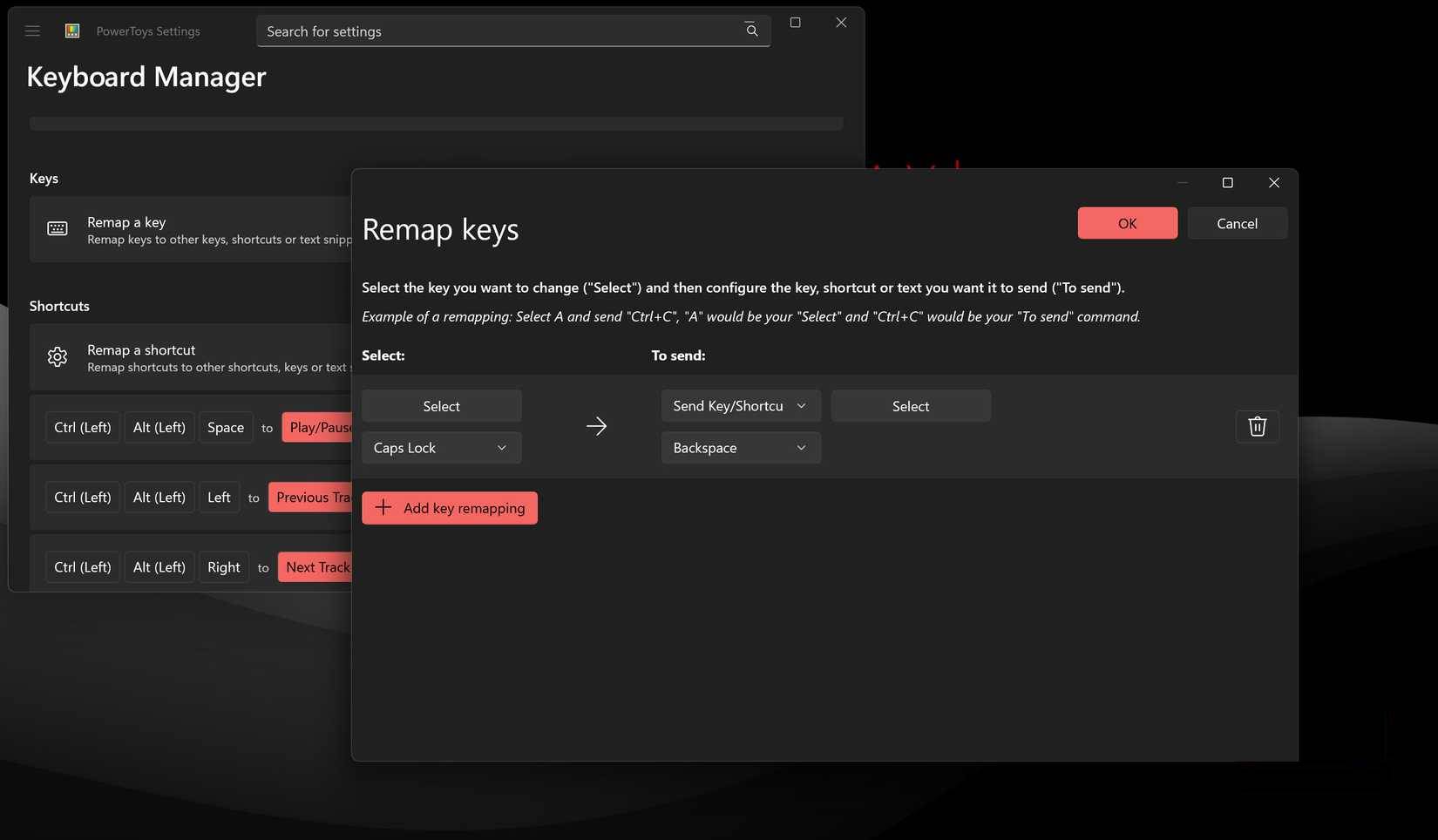 PowerToys Keyboard Manager với tùy chọn ánh xạ lại phím