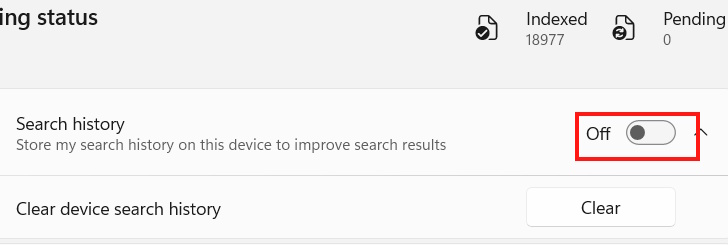 Tắt lịch sử tìm kiếm Search Windows 11