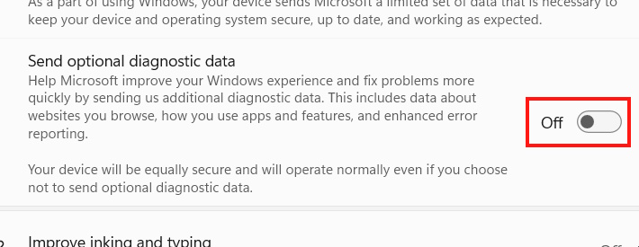 Tắt Send optional diagnostic data