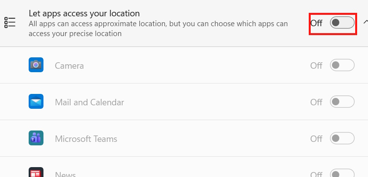Tắt định vị vị trí cho ứng dụng trên Windows 11