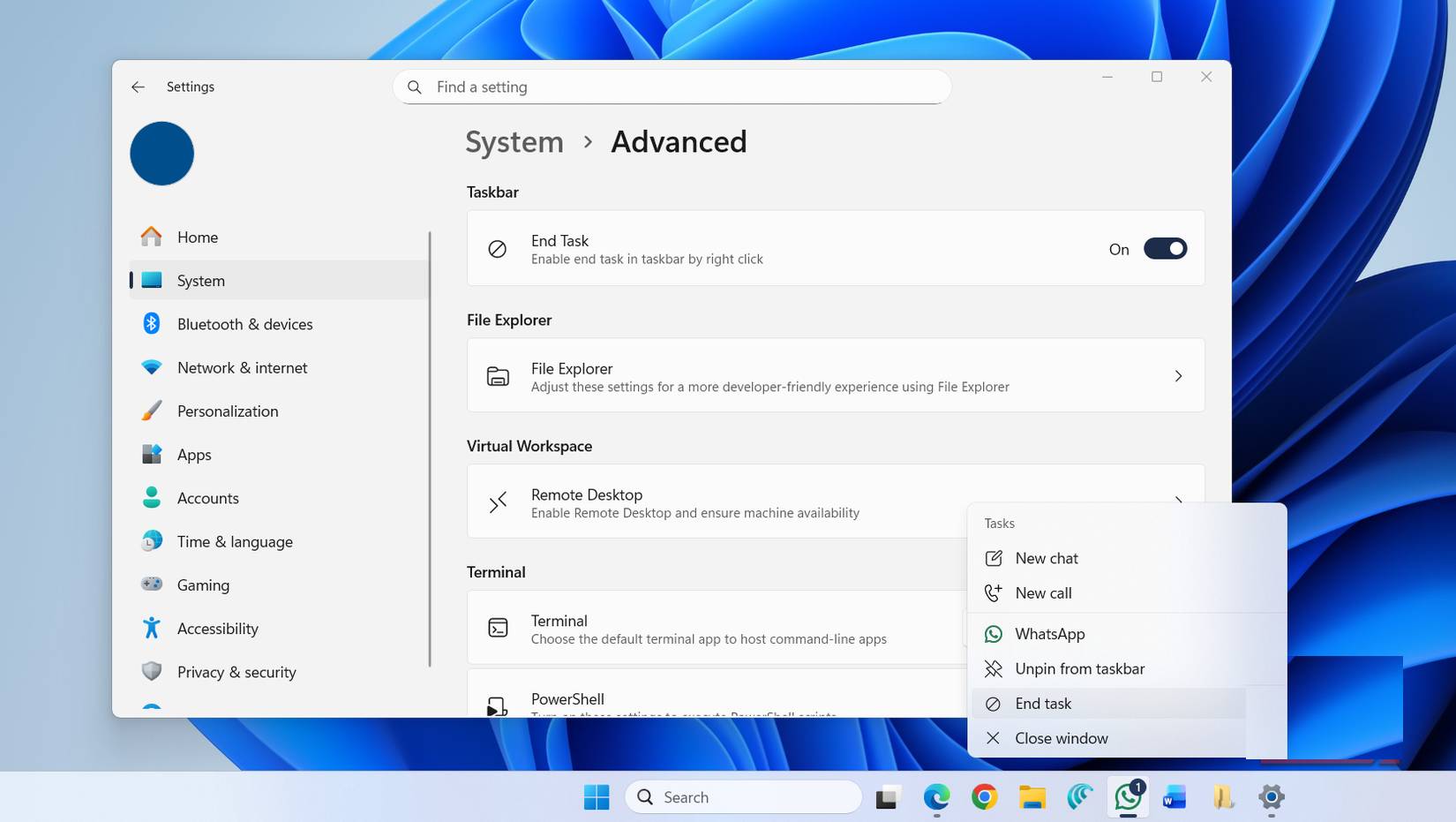 Tùy chọn End task trên Taskbar