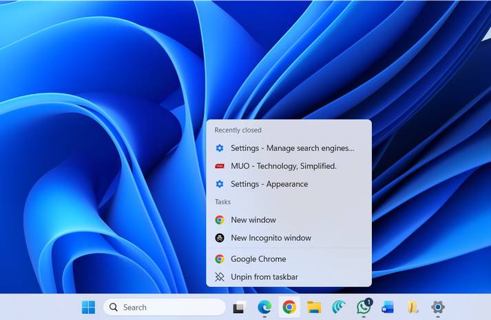 Jump list trên Windows Taskbar