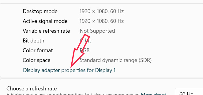 Display adapter properties Windows