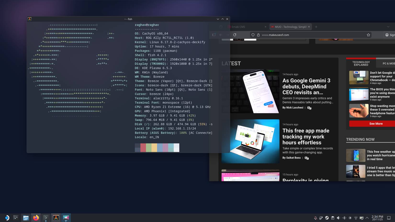 CachyOS với Firefox và cửa sổ terminal mở