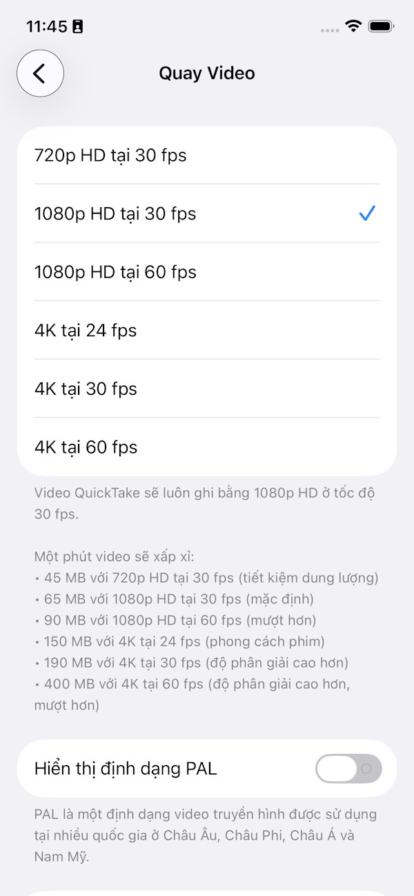 Tùy chọn chất lượng quay video iPhone