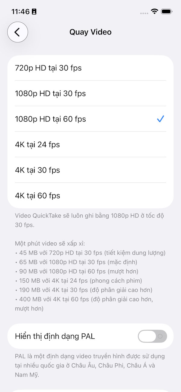 Tùy chỉnh chất lượng quay video iPhone