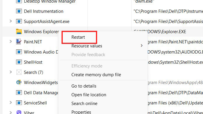 Khởi động lại Explorer