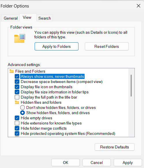 Không hiện ảnh thu nhỏ