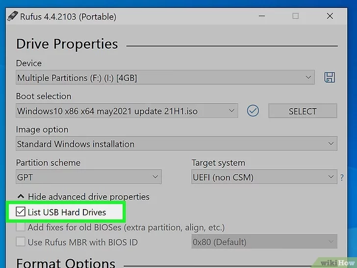 Đánh dấu vào ô 'List USB Hard Drives'