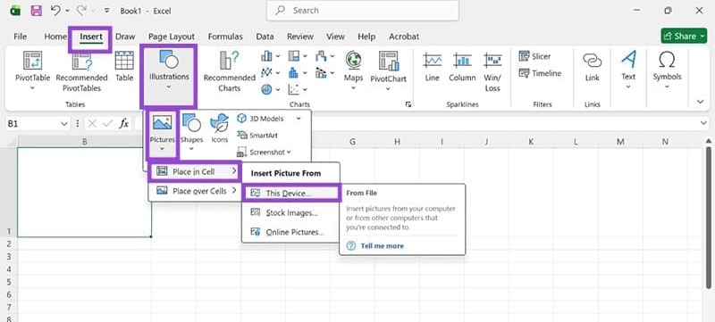 Chọn Place in Cell Excel