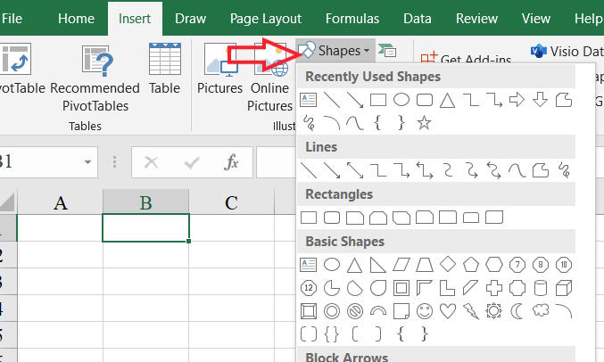 Chèn hình dạng vào Excel