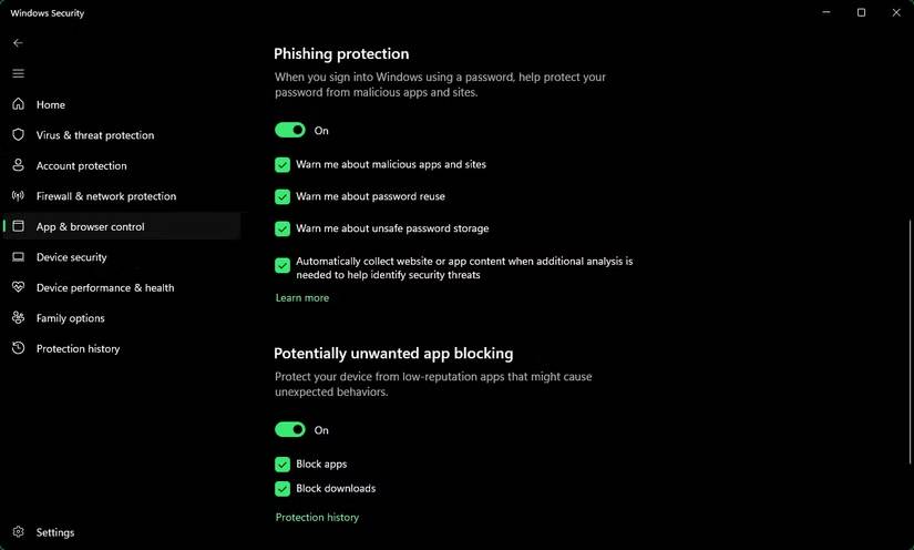 Các tùy chọn bảo vệ chống lừa đảo của Bảo mật Windows