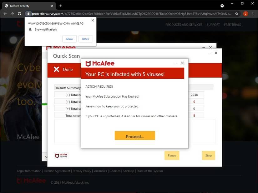 Một cửa sổ pop-up giả mạo trên trang web thông báo rằng virus đã lây nhiễm vào thiết bị