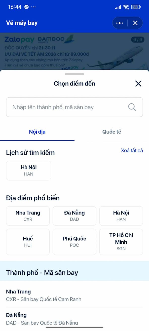 Chọn điểm đến