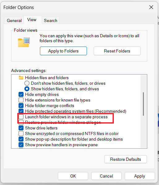 Tắt mở thư mục Windows ở tiến trình riêng biệt